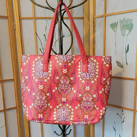 None Handbags - Vibrant Coral Print Tote